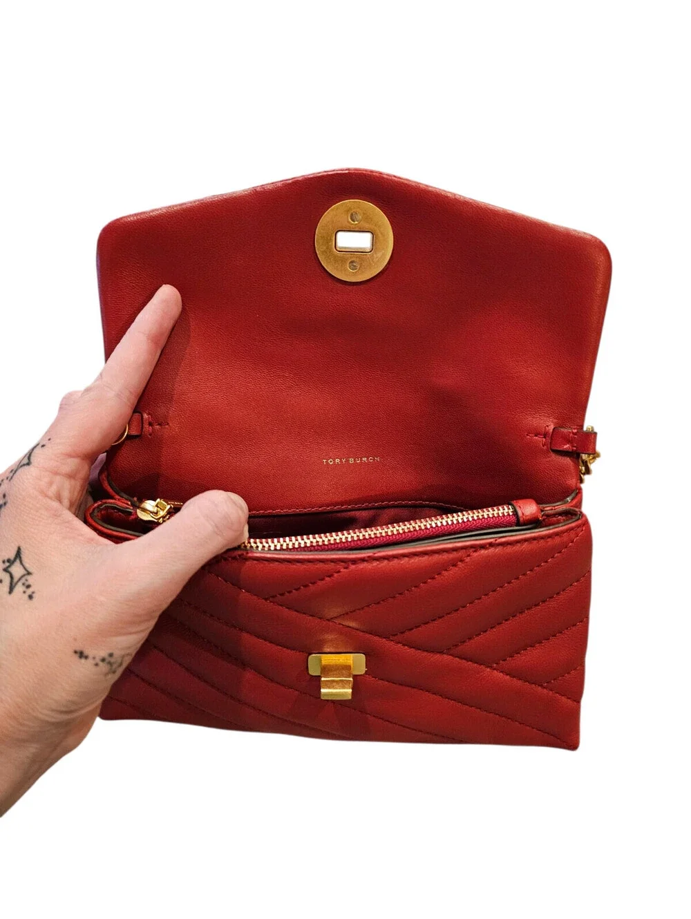Tory Burch Kira Chevron Chain Wallet Bright Red Leather Gold Bag